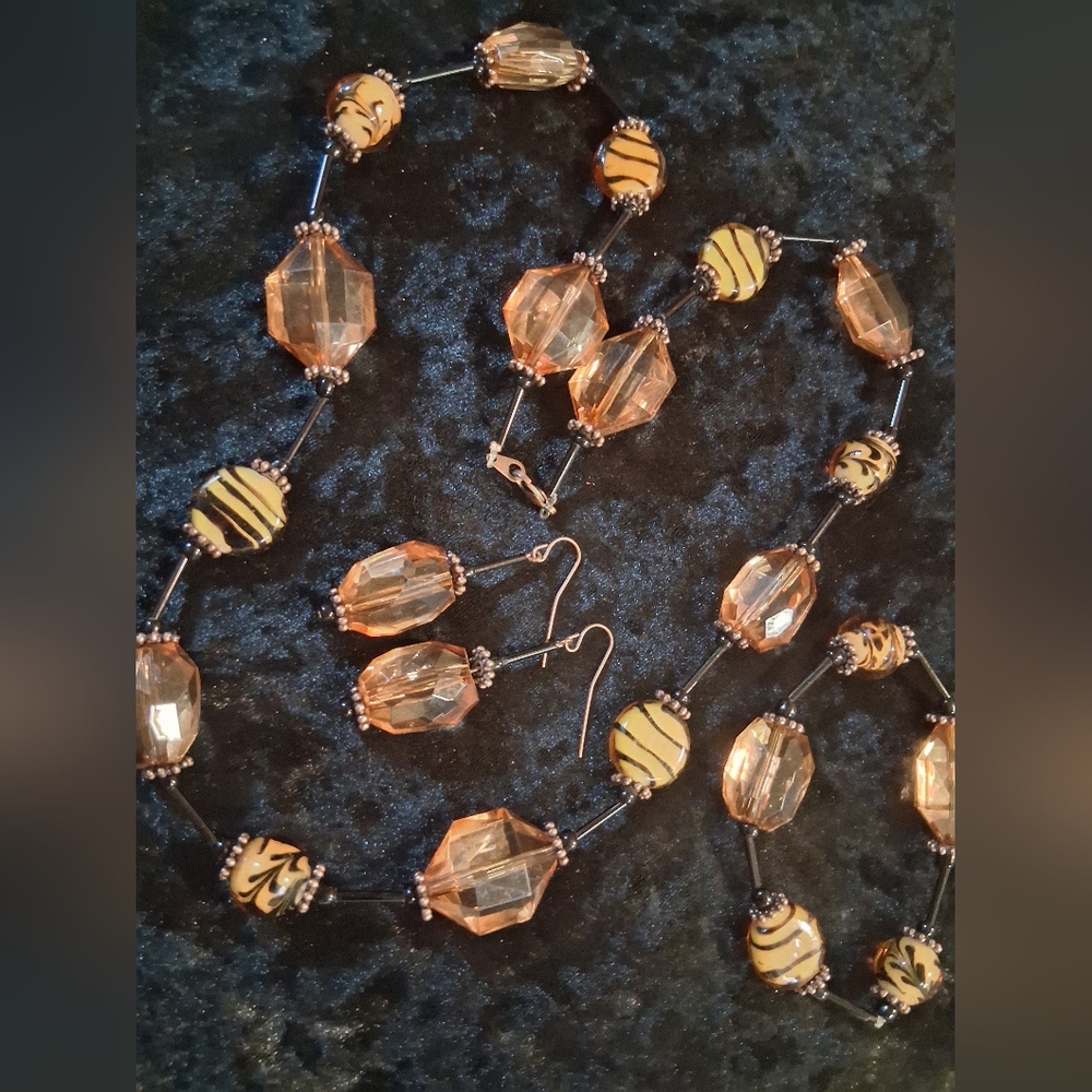 Vintage Black and Gold Necklace, Bracelet & Earrings with Intricate Beadwork
